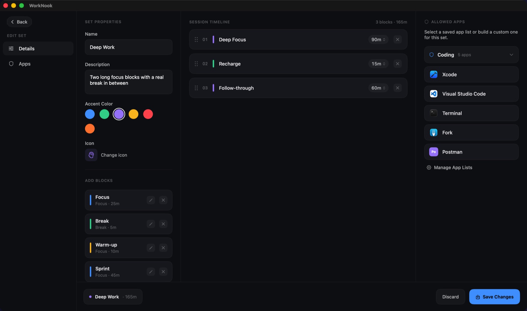 The focus set builder: a Deep Work set with a three-block timeline and an allowed-apps list of Xcode, Visual Studio Code, Terminal, Fork and Postman.